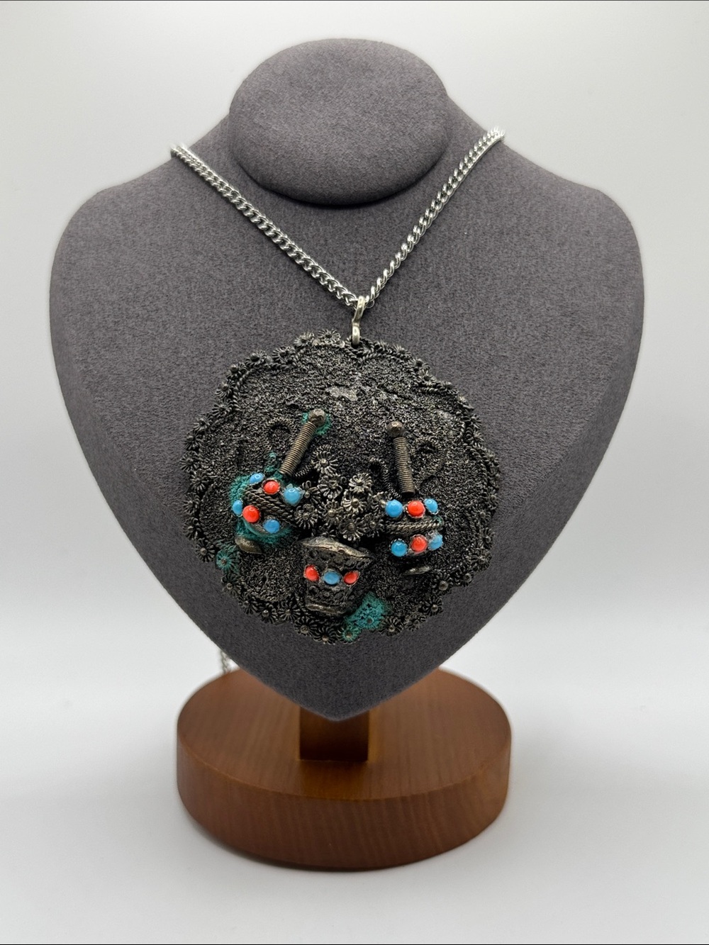 Vintage Etruscan Style Pitcher & Flowers Pendant Necklace